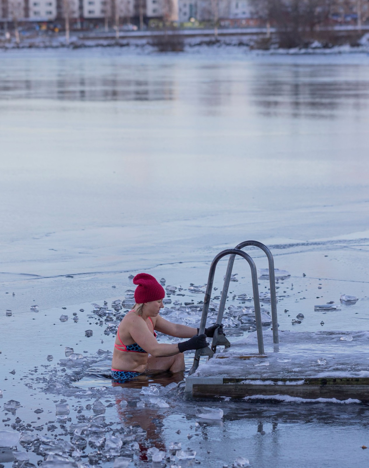 Cold plunge in icy water